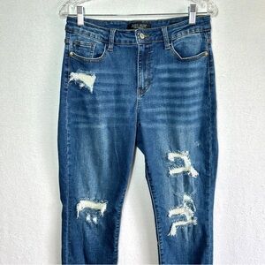 Judy Blue Boyfriend Fit Blue Jeans 9/29 Thermal Insert Patch Distressed Stretchy